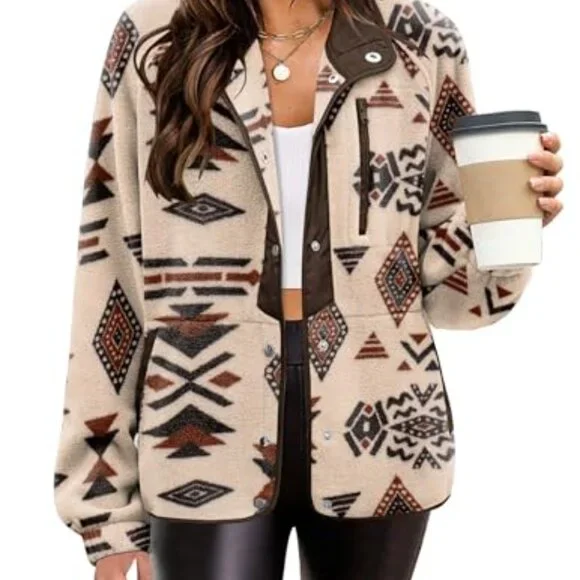 Cozy Fleece Jacket Western Aztec Print Snap Button Down Coat with Pockets